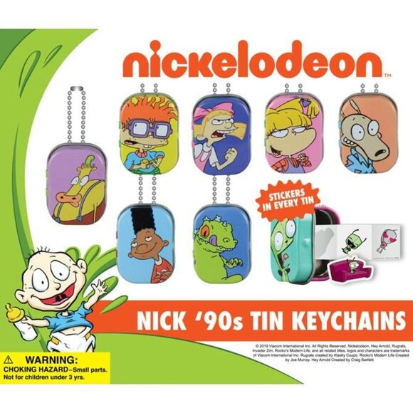Classic Cartoon 90's Toy Mini Tin Storage Boxes and Stickers On Ball Chains - Picture 3 of 3